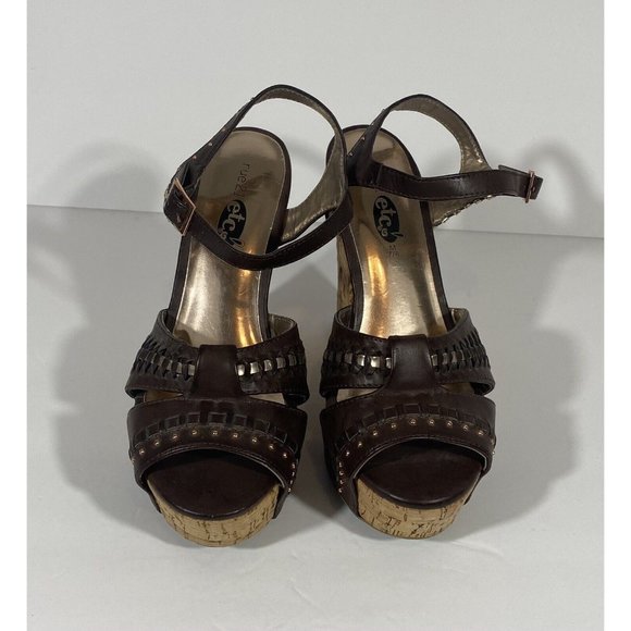Rue21 Etc Shoes Wedge Open Toe Brown Sandal Wedge Heel Sz 7/8 Ankle Strap Studs - Picture 3 of 10